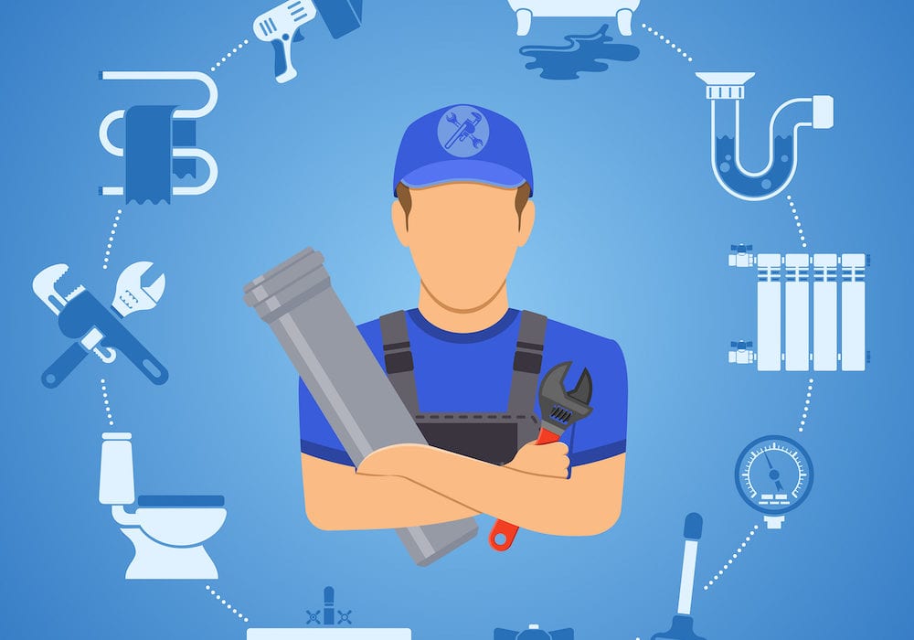 Plumbing Service Infographics Repair And Cleaning With Plumber, Tools And Device Two Color Flat Icon